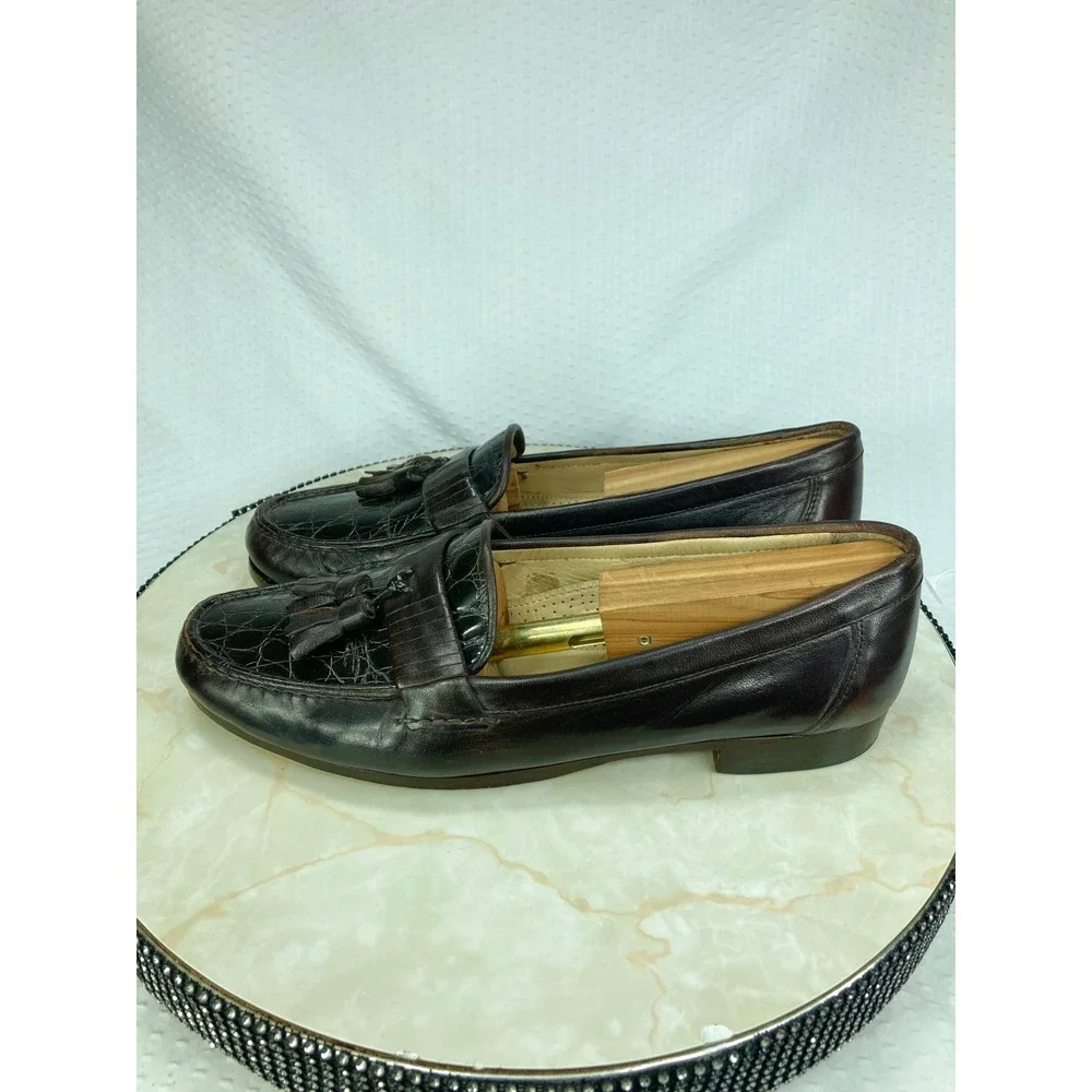 Bostonian Italian Leather Tassel Kiltie Loafers Mens 9 Brown Croc Embossed Shoes